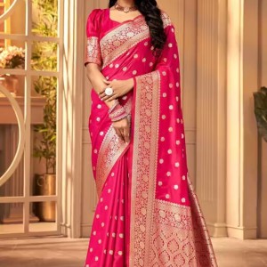 Women's Kanjivaram Soft Banarasi Silk Saree With Blouse Piece Pink